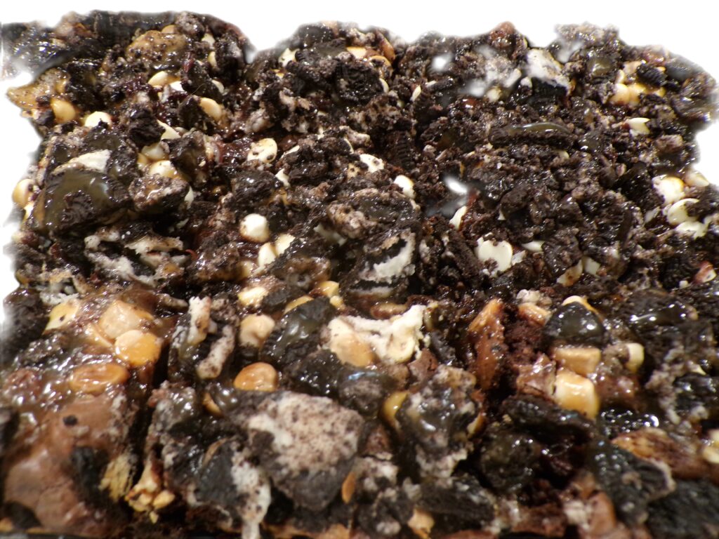 Gooey brownie with white chips and cookies