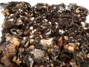 Close-up of a chocolate and nut granola bar.