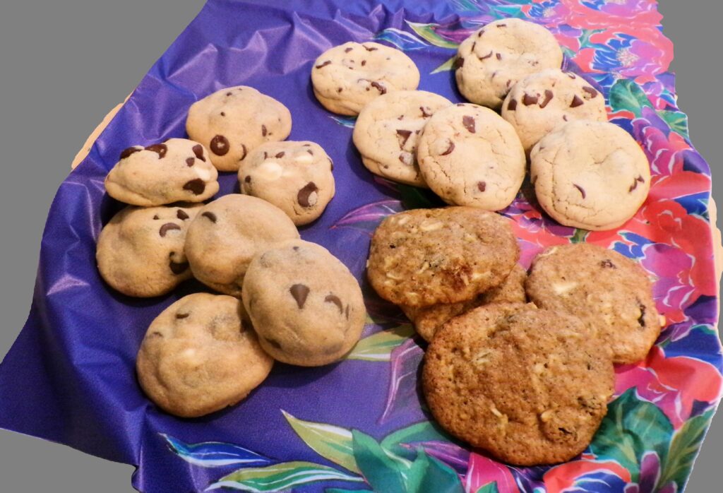 A plate of assorted cookies including chocolate chip and oatmeal raisin.